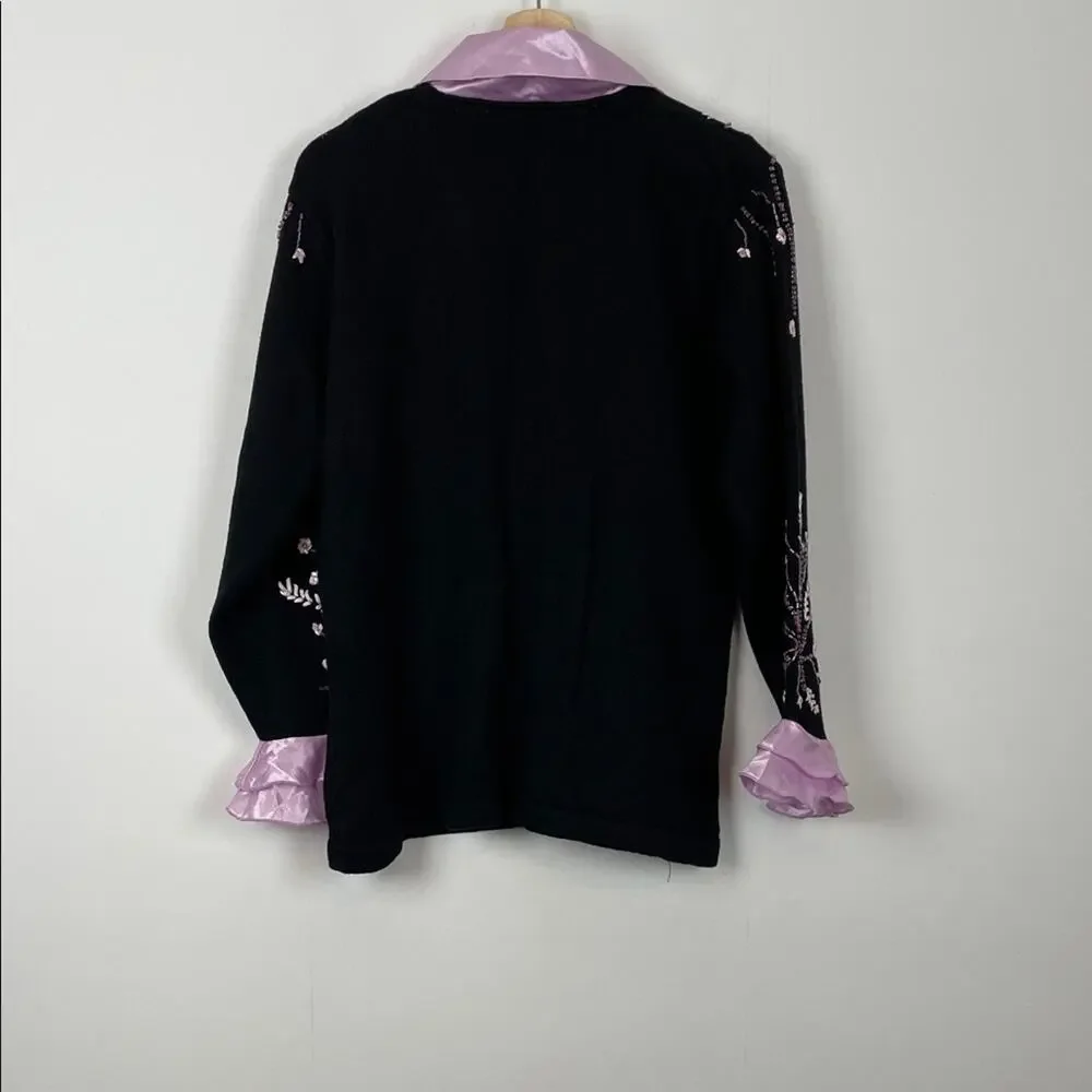 Storybook Knit Vtg Black Button Cardigan Sweater Pink Embroidery Satin Trim L